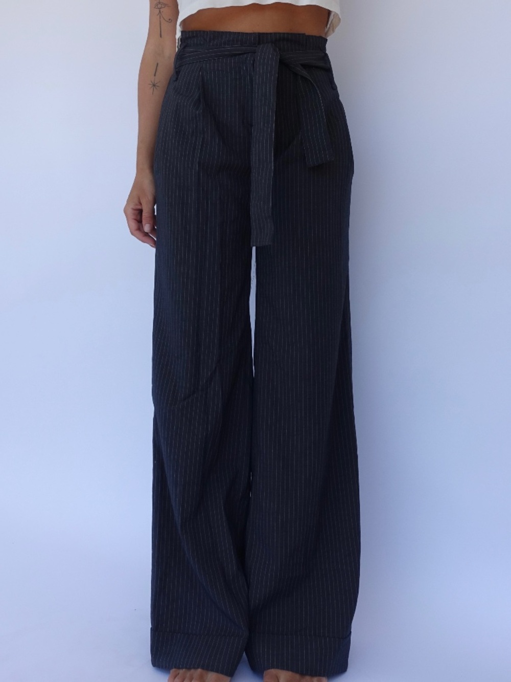 Grey pinstripe wide leg pants
